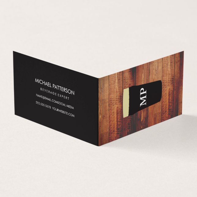 Beers Rustic Wood Square Element with Monogram Business Card (Outside)