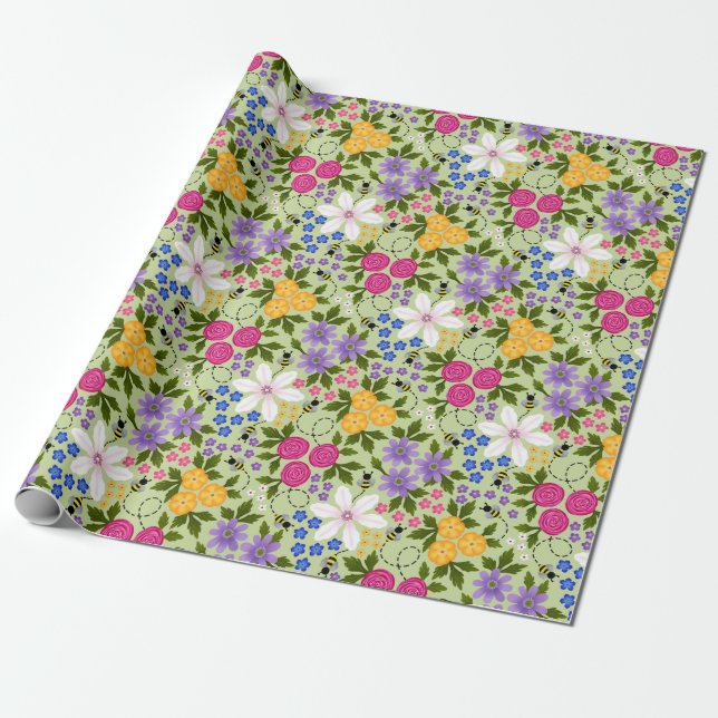 Bees and Buttercups Floral Wrapping Paper (Unrolled)