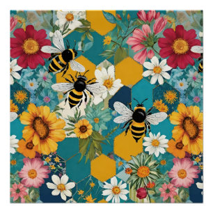 Bees and Florals Bee Flower Pattern Poster