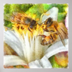 Bees and Flowering Plants Watercolor Poster