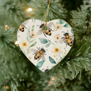 Bees and Flowers - Cream Floral Honey Bee Pattern Ceramic Tree Decoration