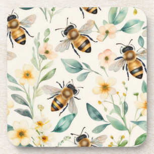 Bees and Flowers - Cream Floral Honey Bee Pattern Coaster