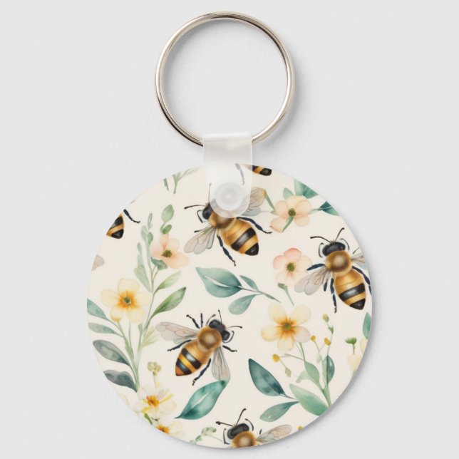 Bees and Flowers - Cream Floral Honey Bee Pattern Key Ring (Front)