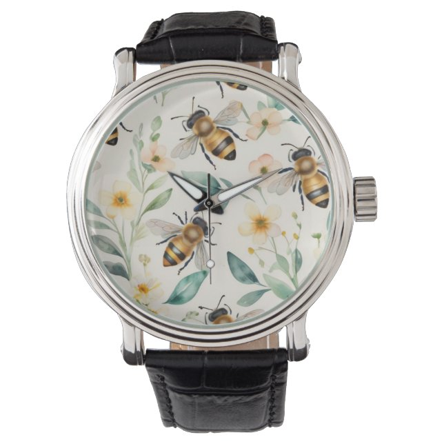 Bees and Flowers - Cream Floral Honey Bee Pattern Watch (Front)