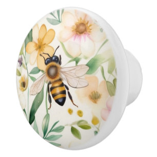 Bees and Flowers - Pretty Floral Honey Bee Pattern Ceramic Knob