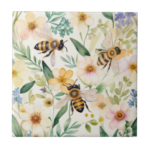 Bees and Flowers - Pretty Floral Honey Bee Pattern Tile