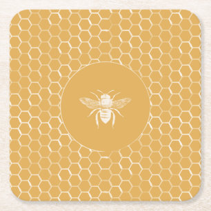 Bees and Golden Honeycomb Pattern Square Paper Coaster