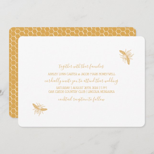 Bees and Golden Honeycomb Pattern Wedding Invitation (Front/Back)