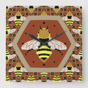 Bees and Honeycomb Pattern Square Wall Clock