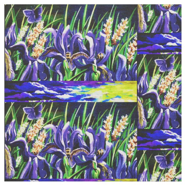 Bees and Iris Skies Fabric (Close Up)