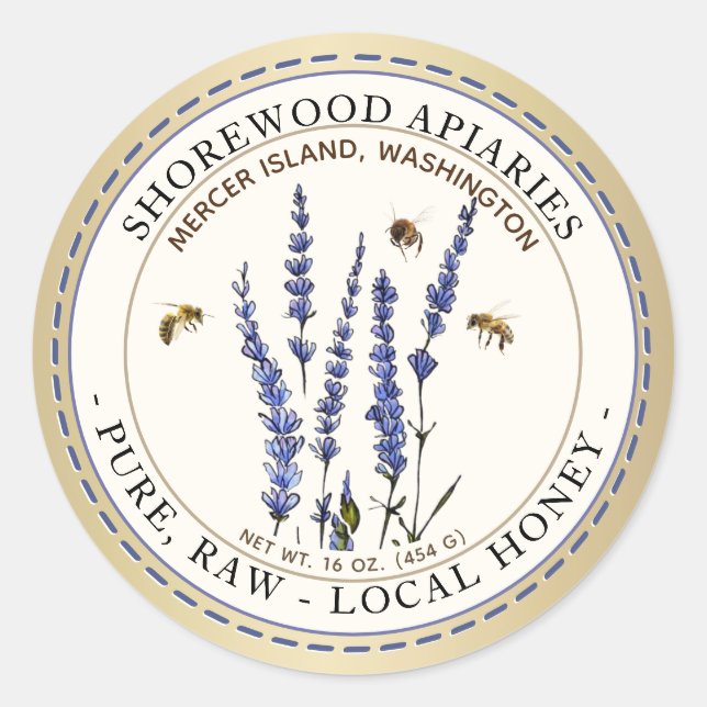 Bees and Lavender Honey Ivory Metallic Gold Classic Round Sticker (Front)