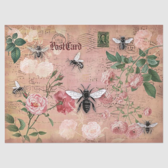 Bees and Roses Ephemera Tissue Paper (Front)
