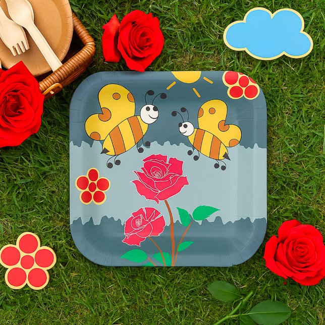 Bees and Roses Floral Garden Paper Plate (Creator Uploaded)