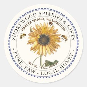 Bees and Sunflower Honey Label with Dashed Border