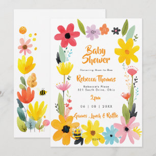 bees and wildflower floral baby shower invitation