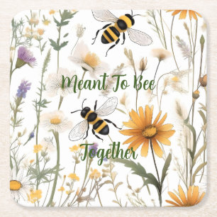 Bees And Wildflowers Meant To Bee Together, Square Paper Coaster