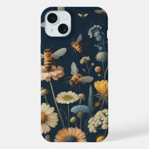 Bees and Wildflowers on Dark Blue iPhone 15 Plus Case