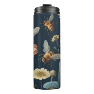 Bees and Wildflowers on Dark Blue Thermal Tumbler