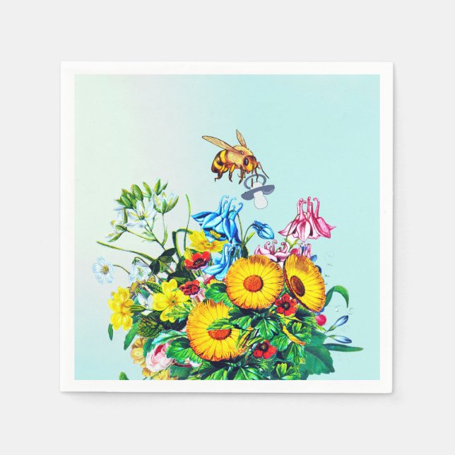 Bees Baby Shower Blue Flroal Pacifier Napkin (Front)