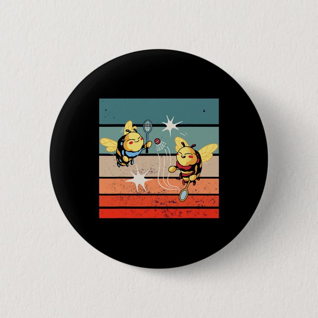 Bees Badminton Dynamic Cartoonish Artwork Funny Pl 6 Cm Round Badge (Front)