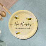 Bees bee happy summer fun humour name paper plate<br><div class="desc">Decorated with happy,  smiling yellow and black bumblebees. A yellow honeycomb pattern as background.  Black hand lettered script and the text: Bee Happy.  Personalise and add a name.
For a summer party,  picnics,  outdoor/alfresco dining.
Matching napkins available in our store.</div>