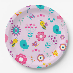 Bees, Birds and Butterflies with Flowers Paper Plate