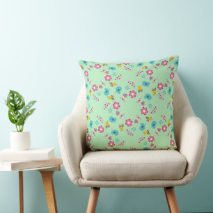 Bees, birds and flowers green pattern cushion