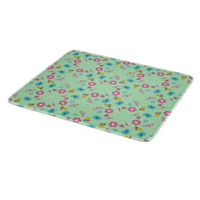 Bees, birds and flowers green pattern cutting board (Corner)