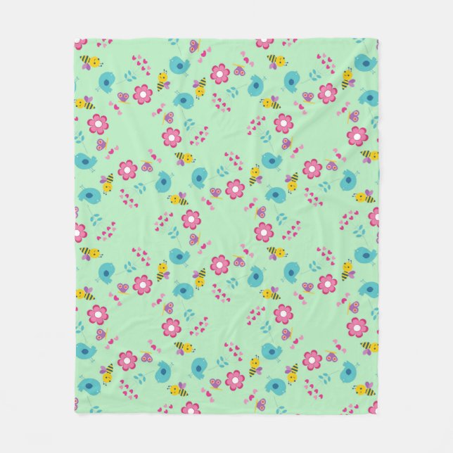Bees, birds and flowers green pattern fleece blanket (Front)