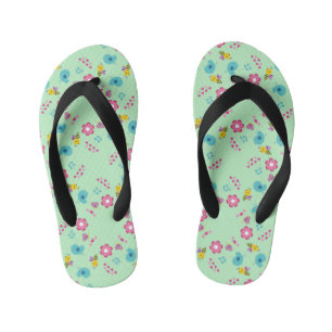 Bees, birds and flowers green pattern kid's jandals