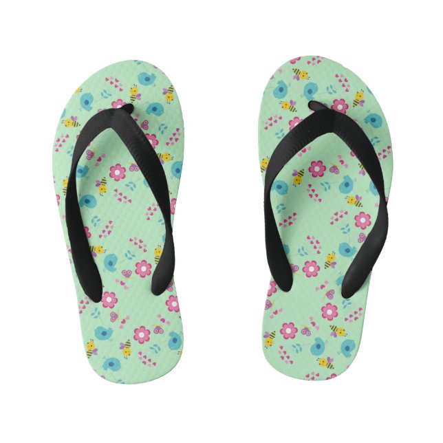 Bees, birds and flowers green pattern kid's jandals (Footbed)