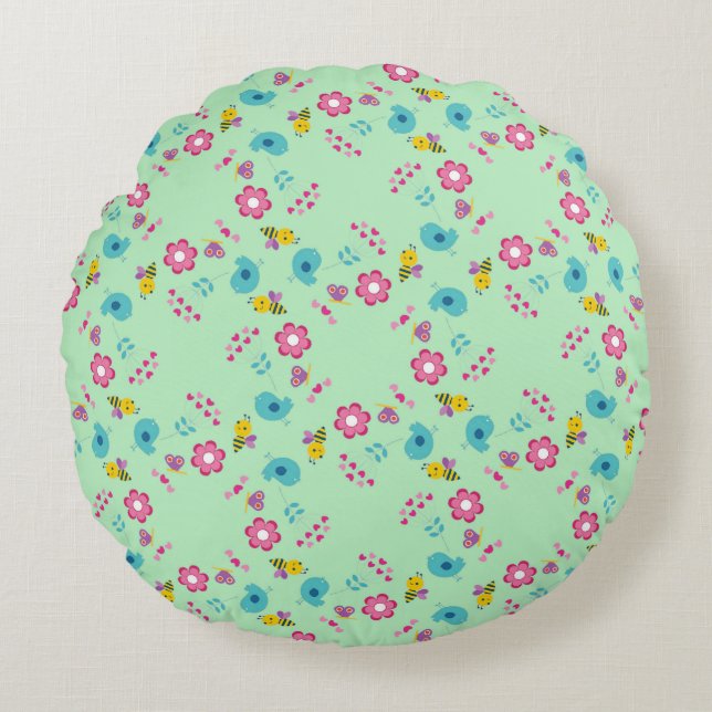 Bees, birds and flowers green pattern round cushion (Front)