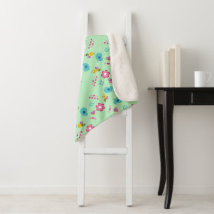 Bees, birds and flowers green pattern sherpa blanket