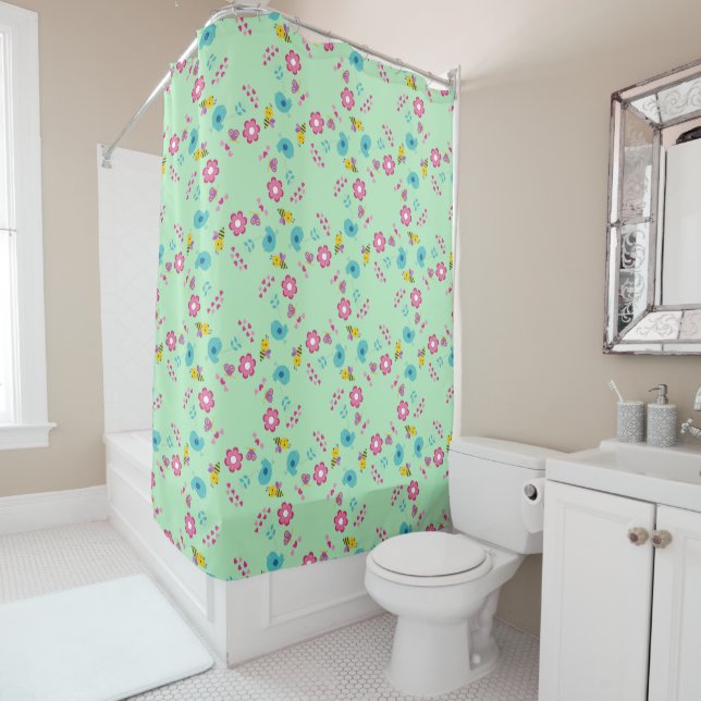 Bees, birds and flowers green pattern shower curtain (In Situ)