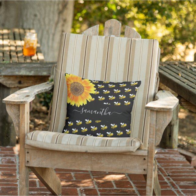 Bees black yellow sunflower name script cushion (Chair)