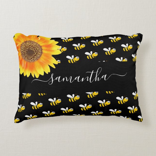 Bees black yellow sunflower name script  decorative cushion (Front)