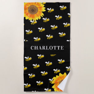Bees black yellow sunflowers name beach towel
