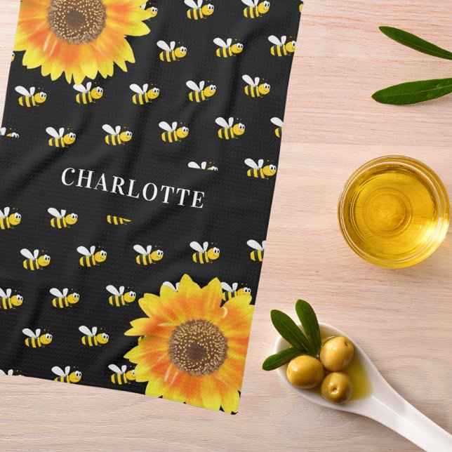 Bees black yellow sunflowers name tea towel (Creator Uploaded)