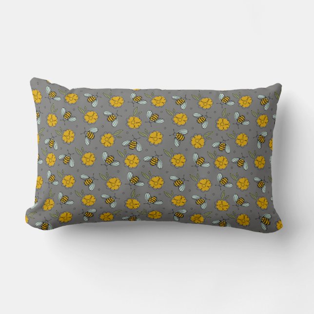 Bees & Buttercups on Grey Lumbar Cushion (Front)