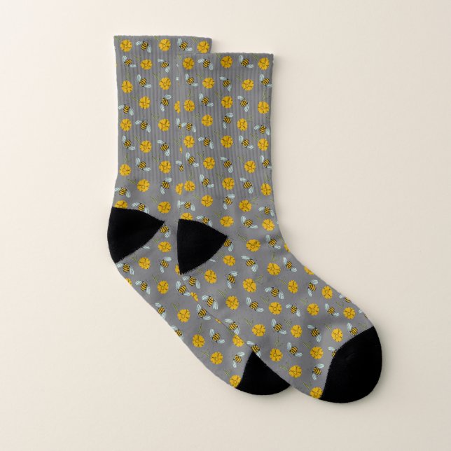 Bees & Buttercups on Grey  Socks (Pair)