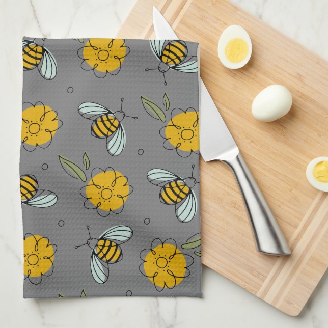 Bees & Buttercups on Grey  Tea Towel (Quarter Fold)
