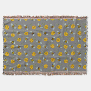 Bees & Buttercups on Grey Throw Blanket
