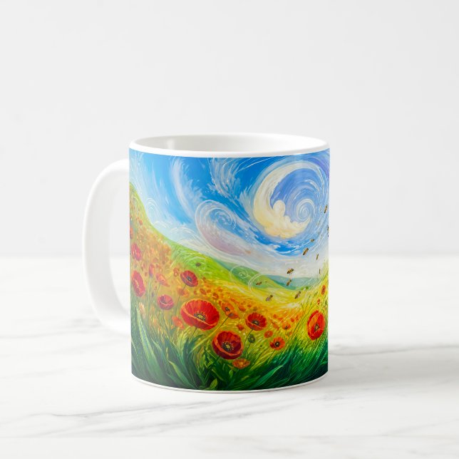 Bees drifting over windy poppy field coffee mug (Front Left)