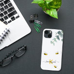 Bees eucalyptus greenery white monogram iPhone 13 case<br><div class="desc">A chic white background. Decorated with watercolored eucalyptus greenery, foliage and cute, happy smiling bumble bees. Personalise and add your monogram letter, initial and name. The name is written with a modern hand lettered style script with swashes. The name in black and the monogram letter in yellow. To keep the...</div>