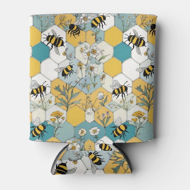 Bees Floral Honeycomb Yellow and Teal Can Cooler (Front)