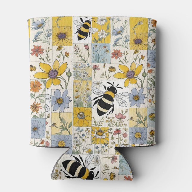 Bees Floral Patchwork Yellow and Blue Can Cooler (Back)