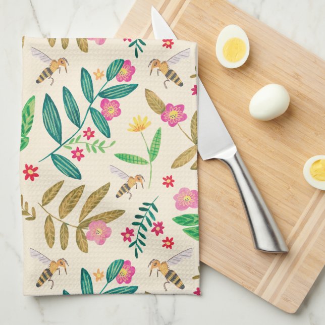 Bees & floral  tea towel (Quarter Fold)