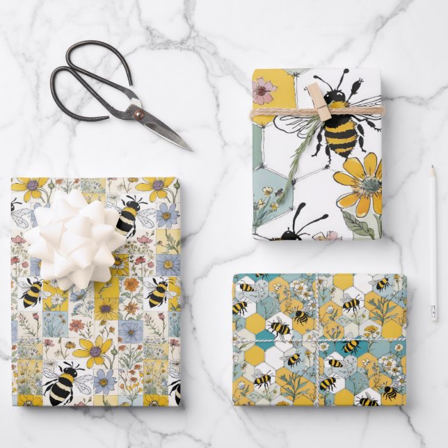 Bees Floral Wrapping Paper Flat Sheet Set of 3 (Front)