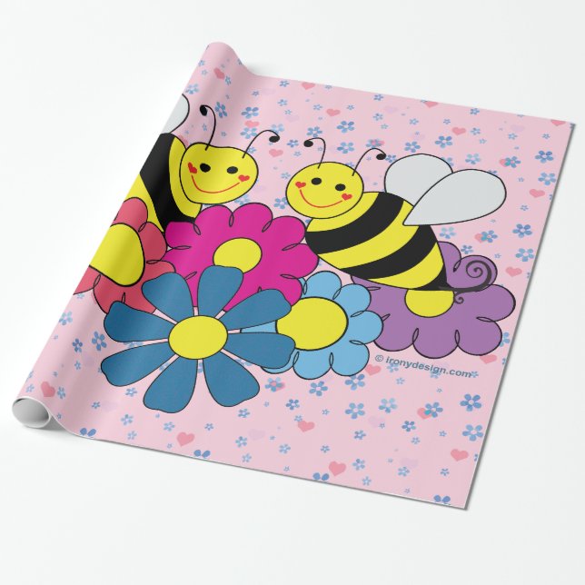 Bees & Flowers Design Illustration Sheets Wrapping Paper (Unrolled)