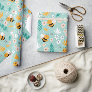 Bees Flowers Leaves Wrapping Paper